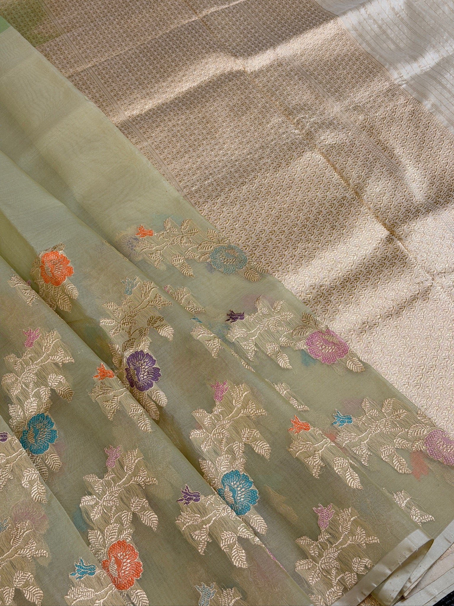 Pure Kora Organza Silk Saree in Pastel Sage Green with Floral Zari Work