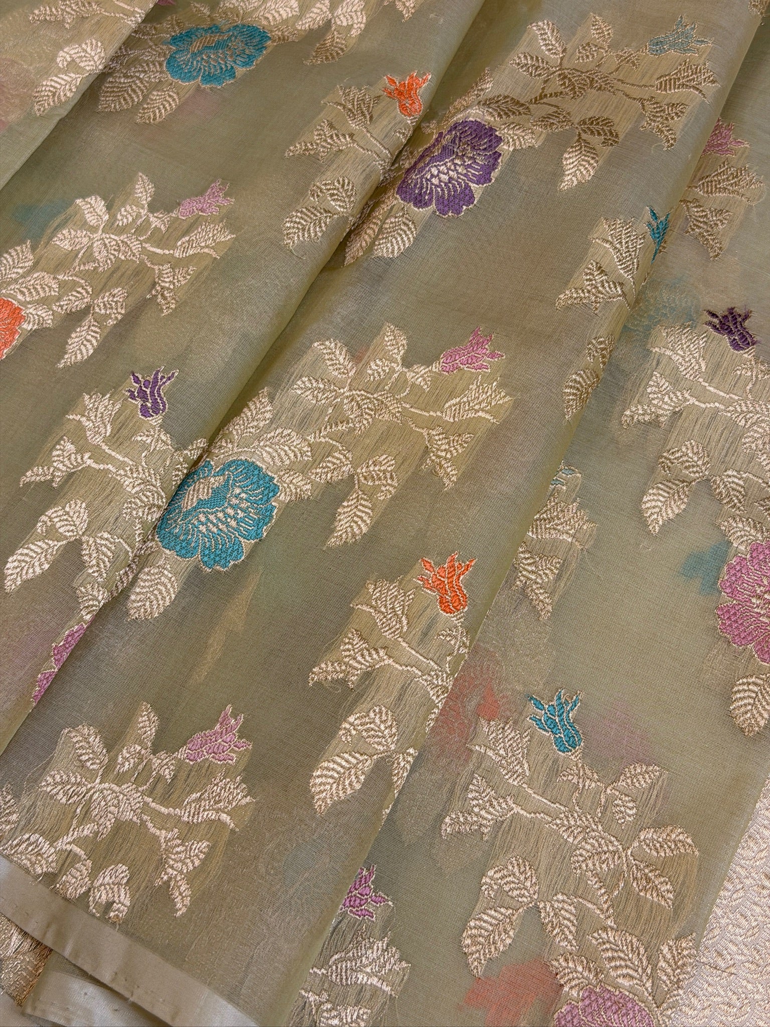 Pure Kora Organza Silk Saree in Pastel Sage Green with Floral Zari Work