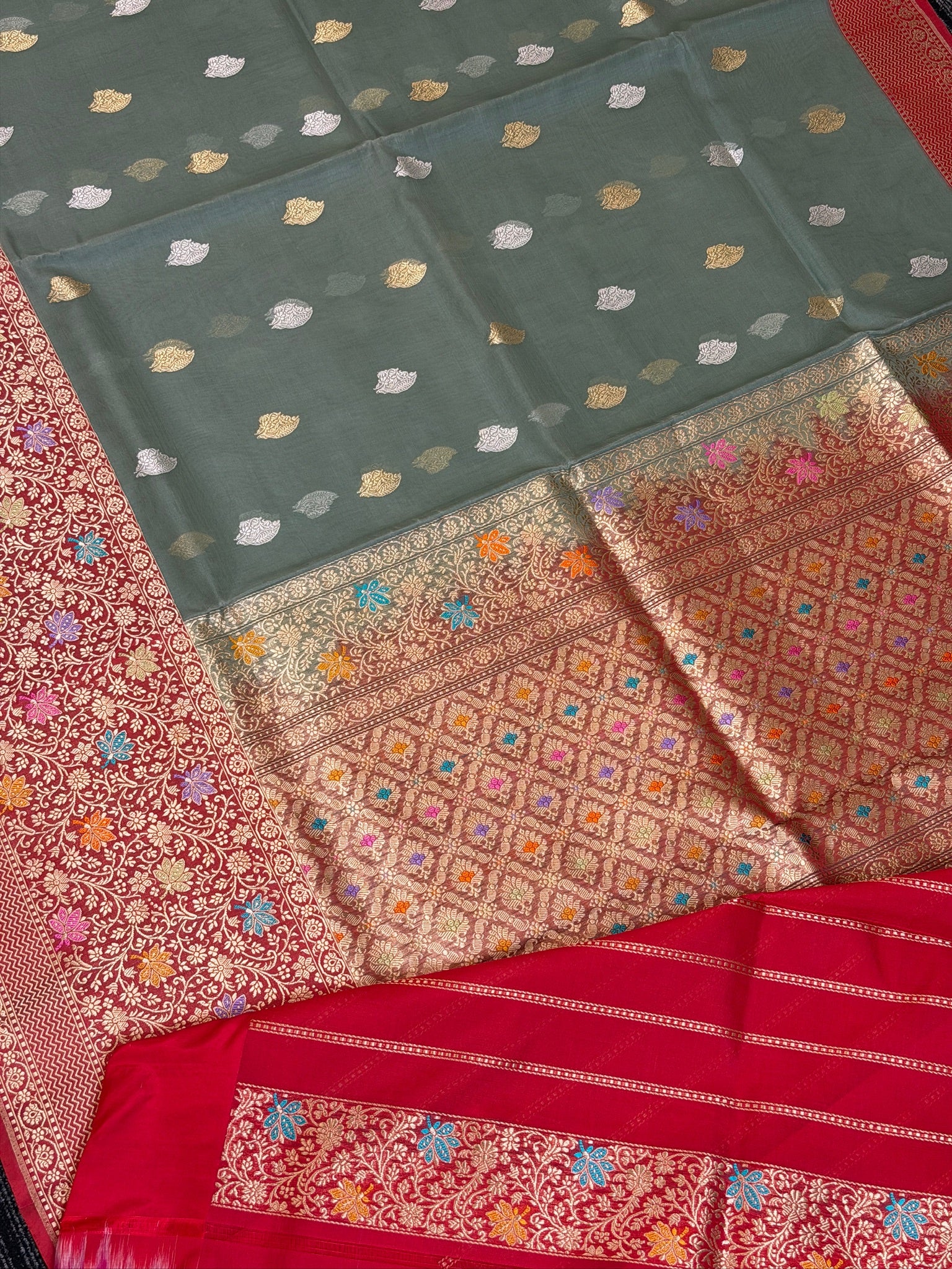 Ash Grey Premium Banarasi Kora Organza Silk Saree – 100% Handwoven | Elegant & Timeless Design