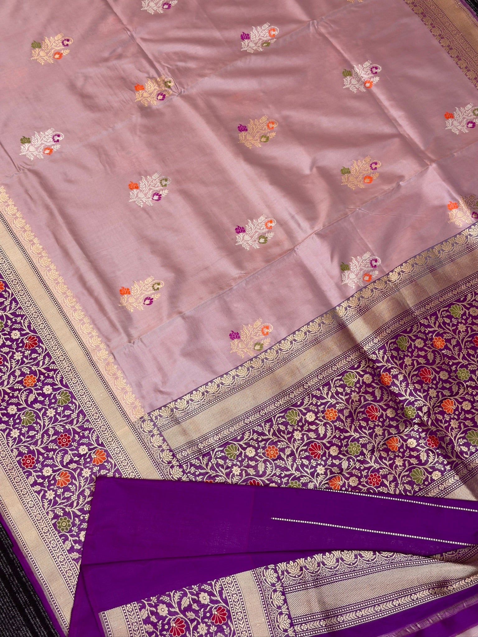 Blush Pink Pure Kadiyal Border Katan Silk Saree with Floral Zari Weaving
