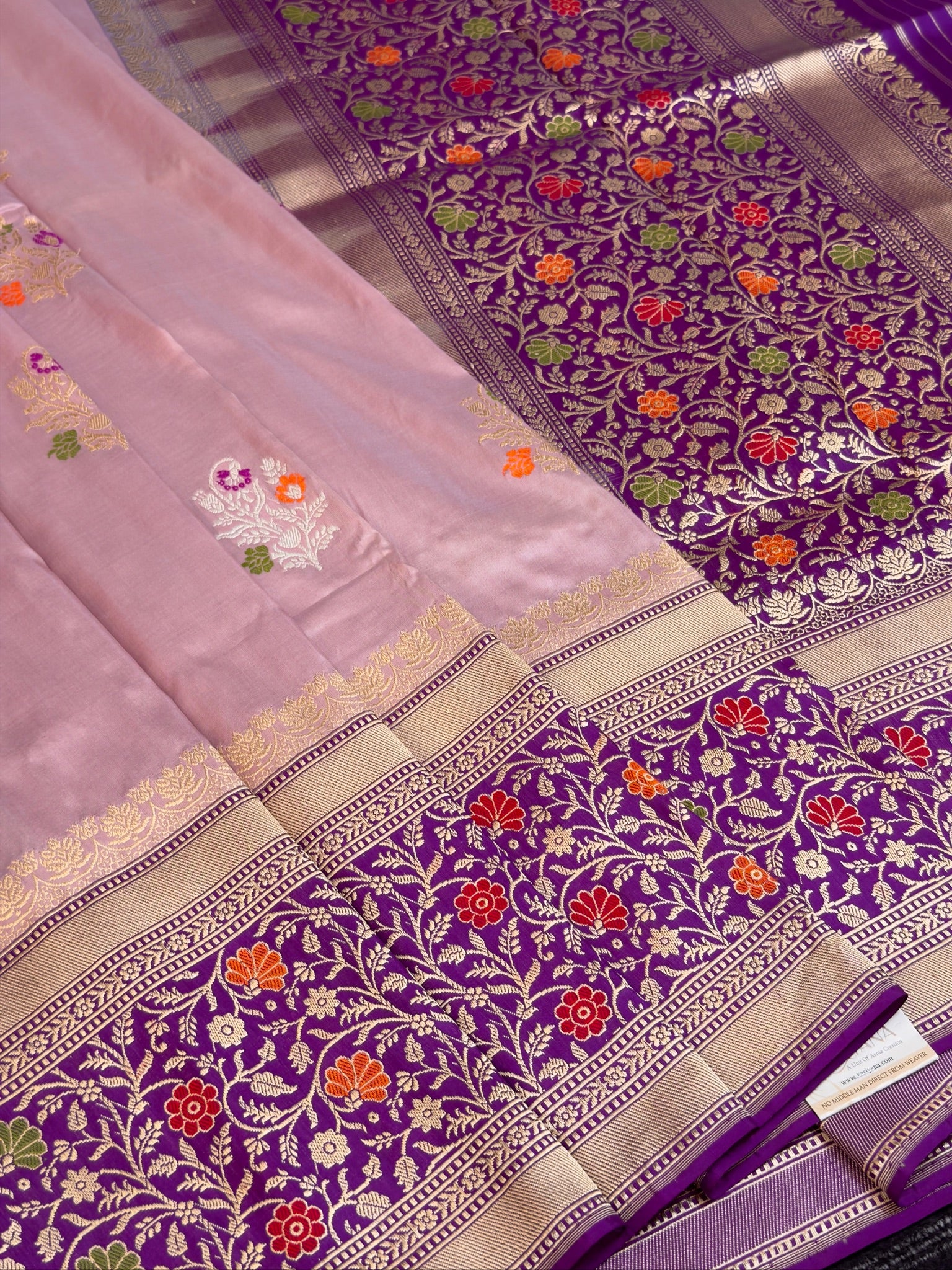 Blush Pink Pure Kadiyal Border Katan Silk Saree with Floral Zari Weaving