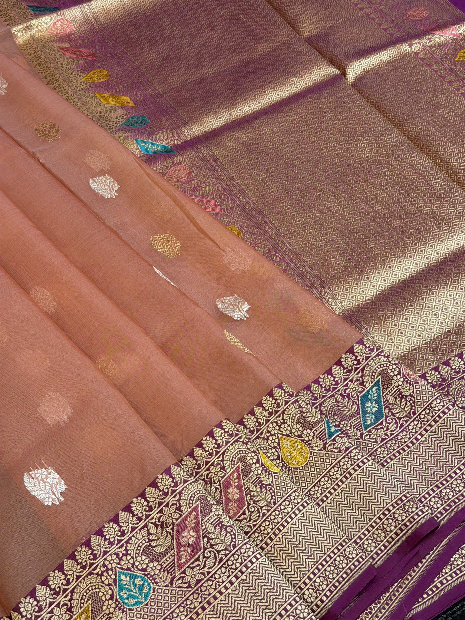 Peach Pink Premium Banarasi Kora Organza Silk Saree – 100% Handwoven | Elegant & Timeless Design