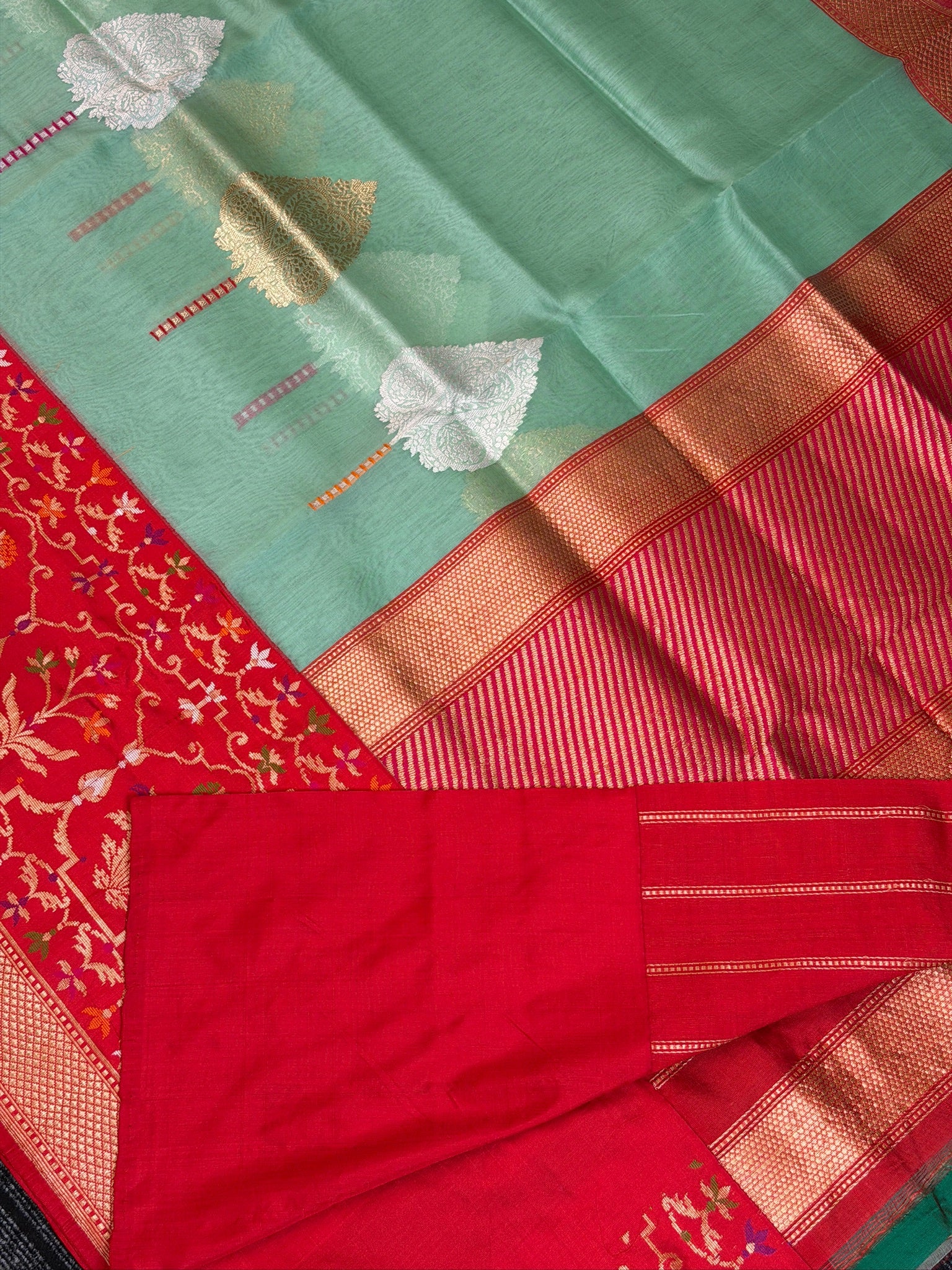 Pure Kora Organza Silk Saree in Sea Green  with Floral Zari Work