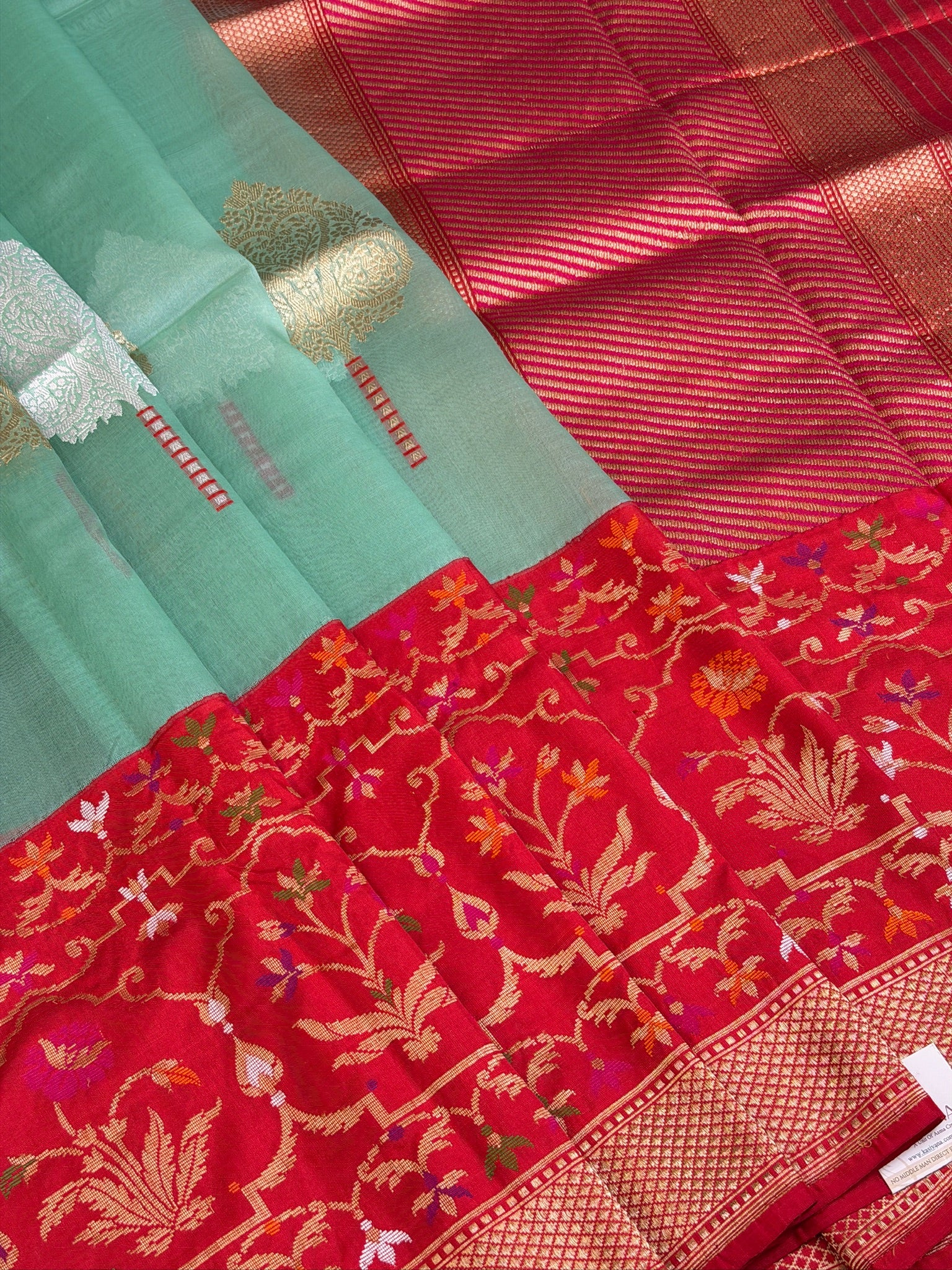 Pure Kora Organza Silk Saree in Sea Green  with Floral Zari Work