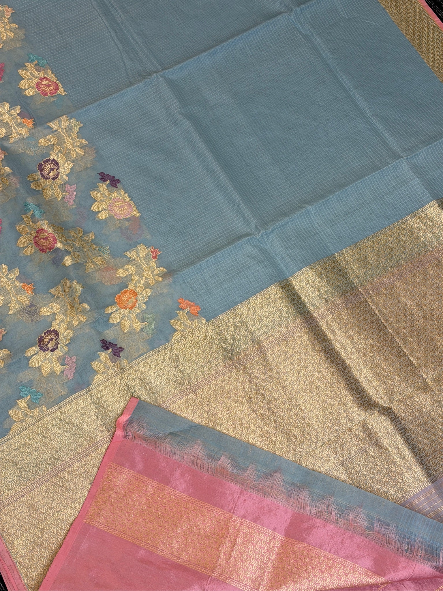 Pure Kora Organza Silk Saree in Pastel Blue with Floral Zari Work
