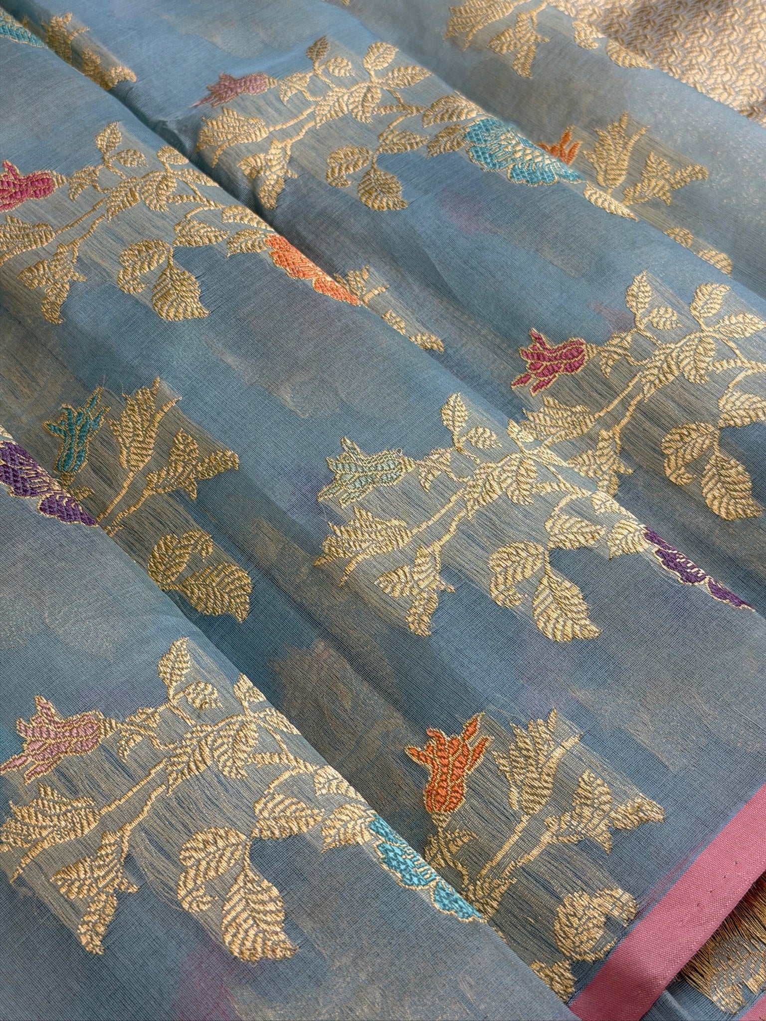 Pure Kora Organza Silk Saree in Pastel Blue with Floral Zari Work