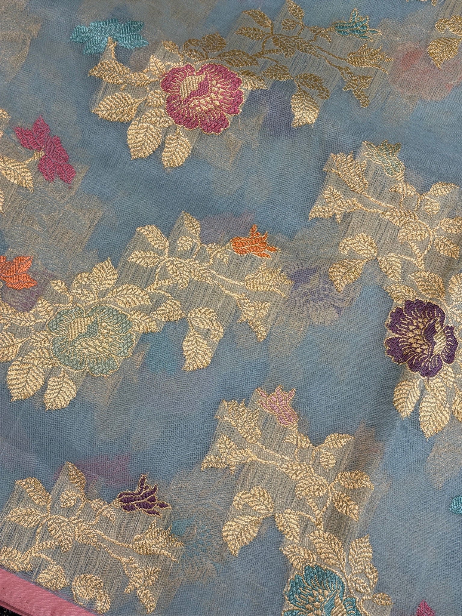 Pure Kora Organza Silk Saree in Pastel Blue with Floral Zari Work