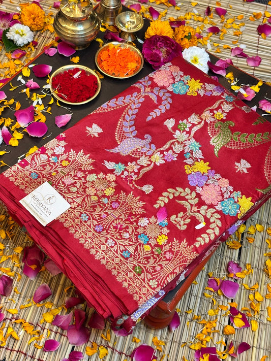 Red Handwoven Pure Banarasi Silk Saree – Kadwa Weave in 100% Katan Mulberry Silk