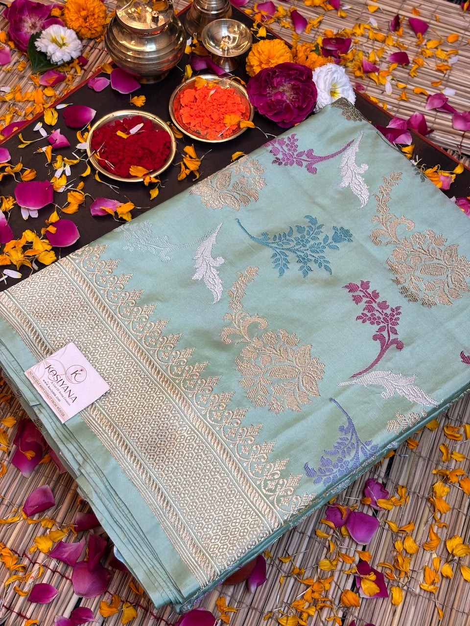 Sea Blue Handwoven Pure Banarasi Silk Saree – Kadwa Weave in 100% Katan Mulberry Silk