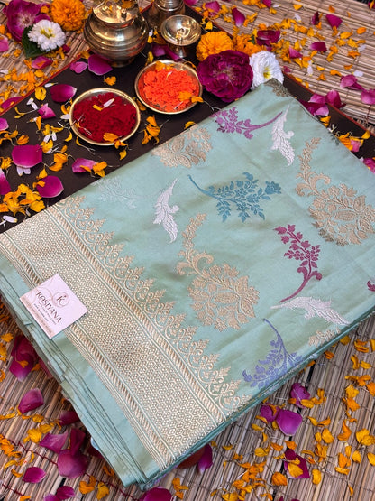 Sea Blue Handwoven Pure Banarasi Silk Saree – Kadwa Weave in 100% Katan Mulberry Silk