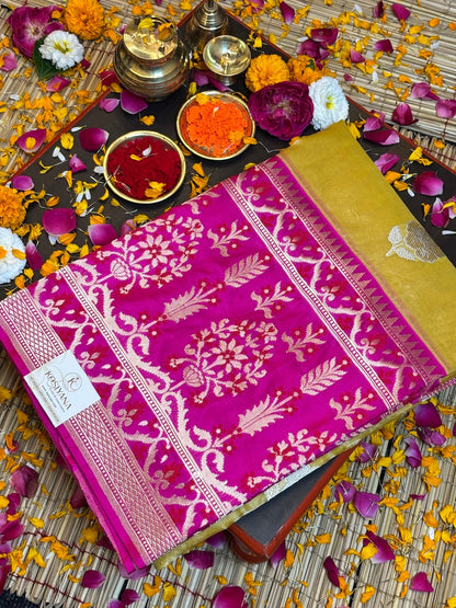 Mustard Yellow Gold Handwoven Pure Banarasi Tissue Silk Saree