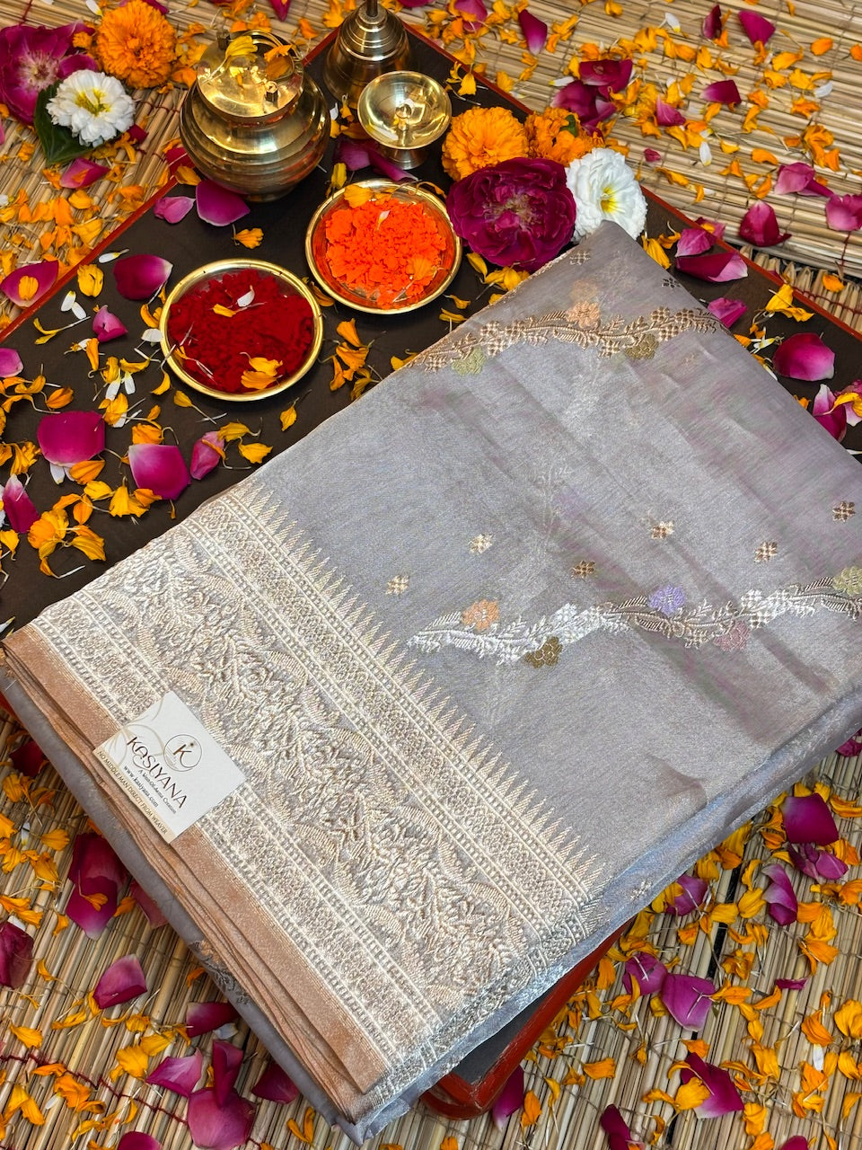 Silver Grey Handwoven Pure Banarasi Tissue Silk Saree