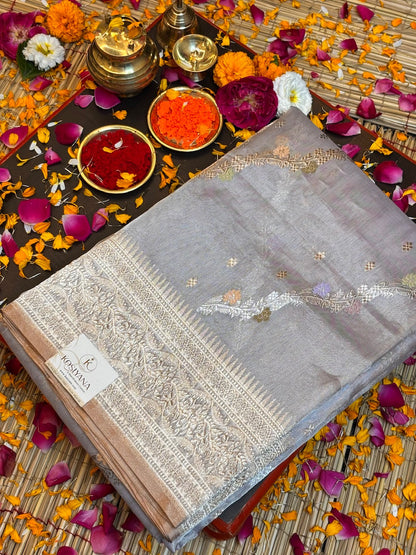 Silver Grey Handwoven Pure Banarasi Tissue Silk Saree