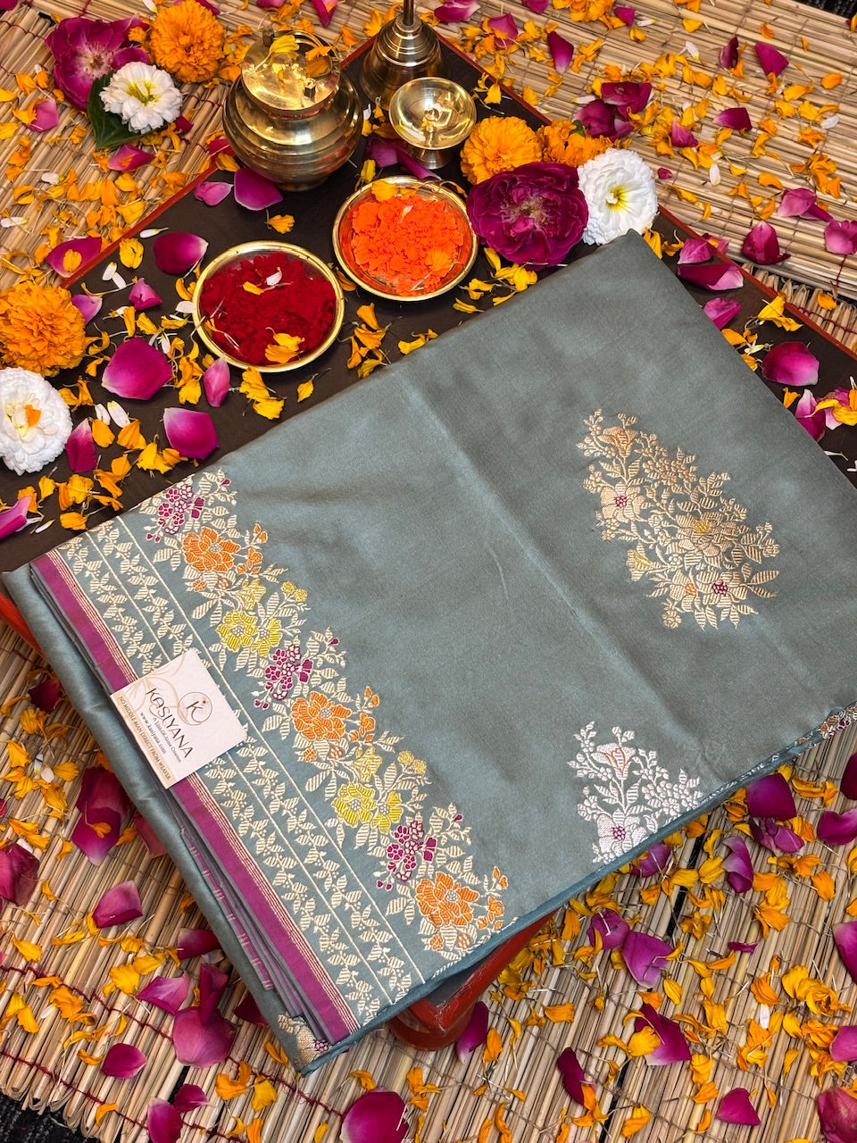 Stone Grey Pure Katan Silk handwoven saree