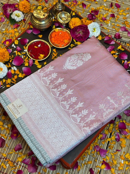 Powder Pink Pure Banarasi Ektara Mulberry Silk Handwoven
