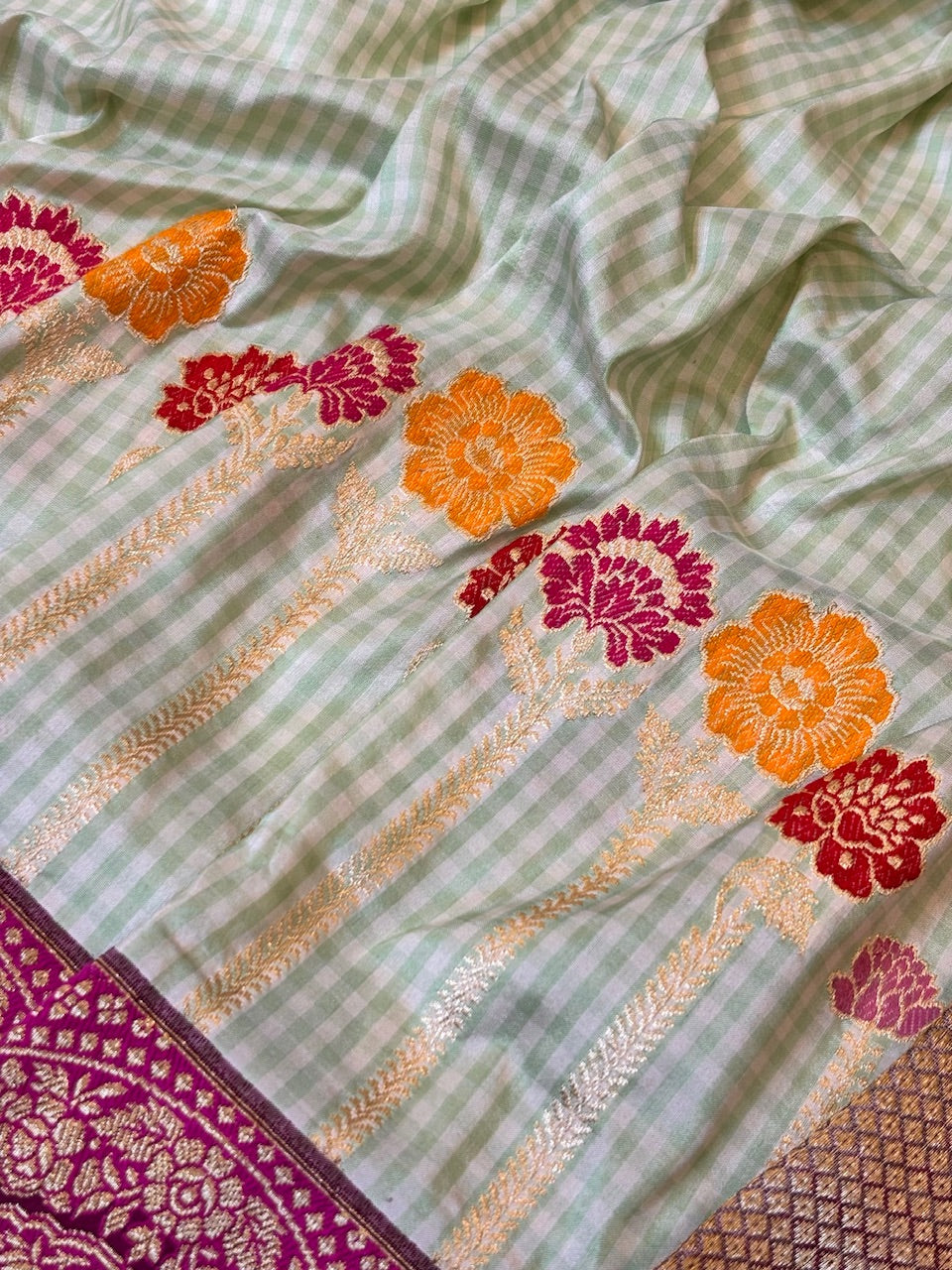 Soft Pastel Green Pure Katan Silk handwoven saree