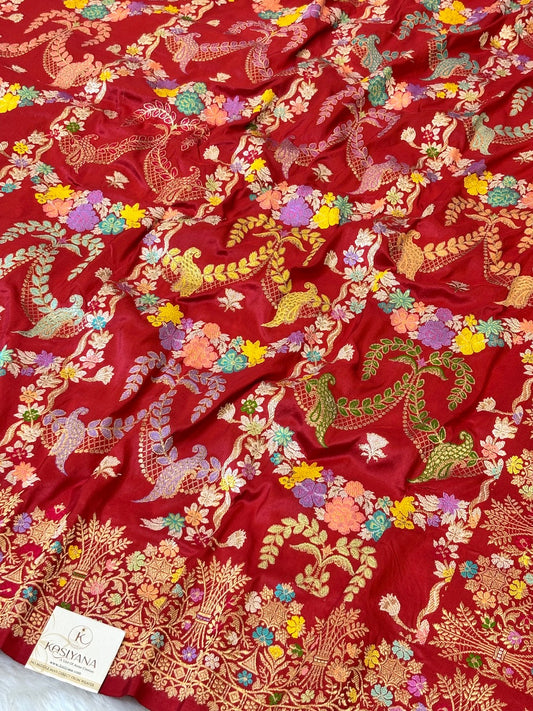 Red Handwoven Pure Banarasi Silk Saree – Kadwa Weave in 100% Katan Mulberry Silk