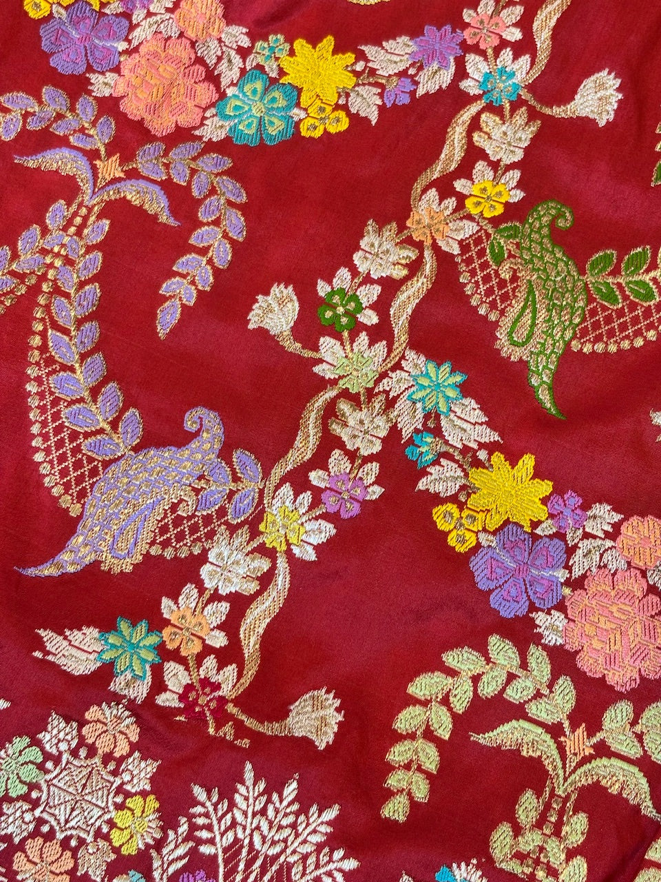 Red Handwoven Pure Banarasi Silk Saree – Kadwa Weave in 100% Katan Mulberry Silk