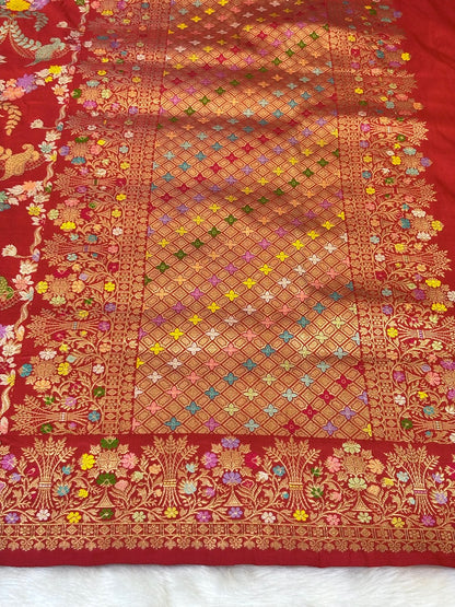 Red Handwoven Pure Banarasi Silk Saree – Kadwa Weave in 100% Katan Mulberry Silk