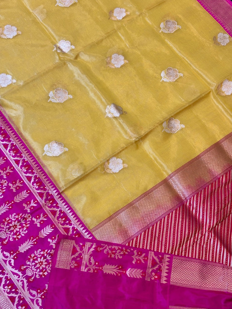 Mustard Yellow Gold Handwoven Pure Banarasi Tissue Silk Saree