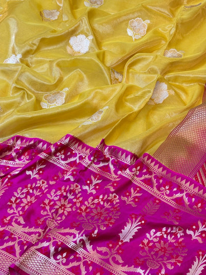 Mustard Yellow Gold Handwoven Pure Banarasi Tissue Silk Saree