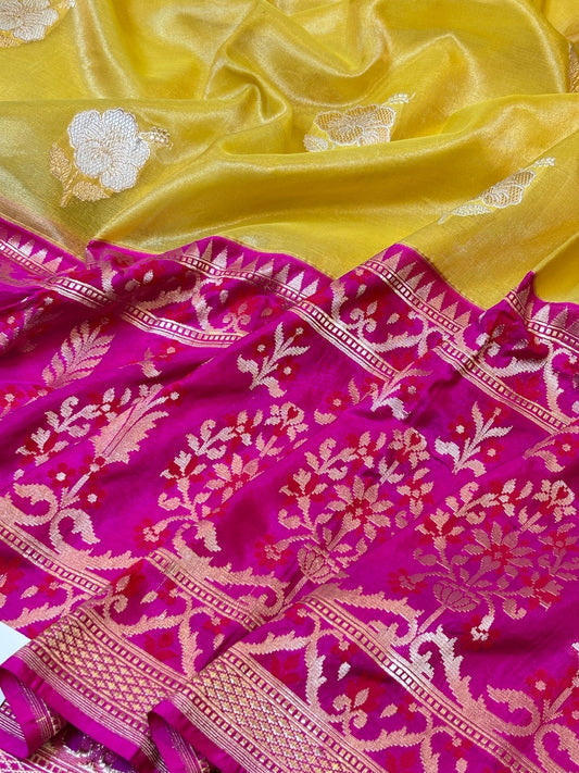 Mustard Yellow Gold Handwoven Pure Banarasi Tissue Silk Saree