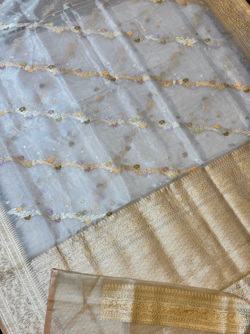Silver Grey Handwoven Pure Banarasi Tissue Silk Saree