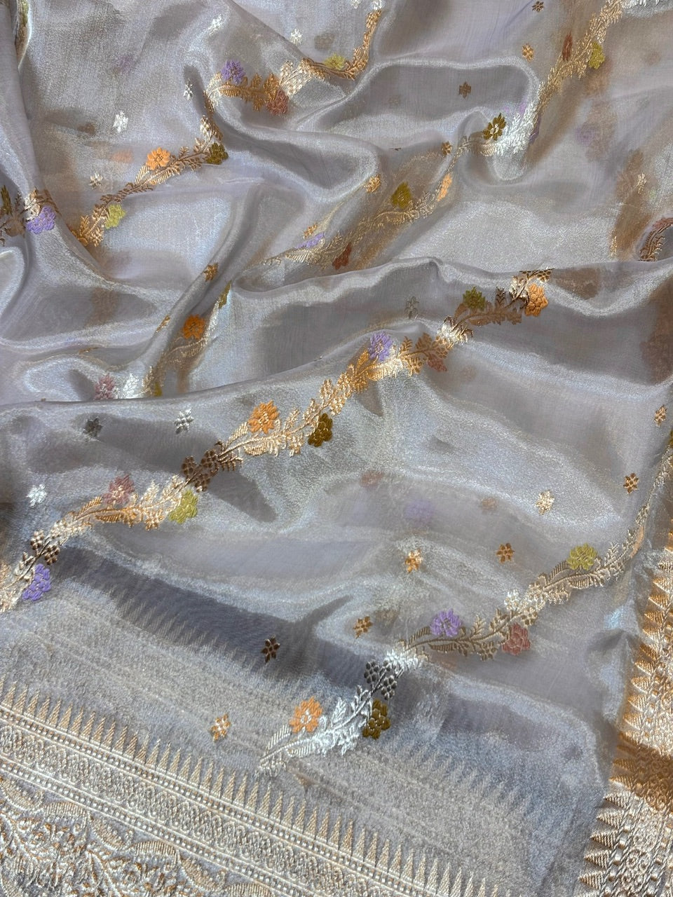 Silver Grey Handwoven Pure Banarasi Tissue Silk Saree