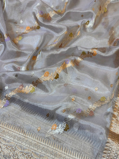 Silver Grey Handwoven Pure Banarasi Tissue Silk Saree