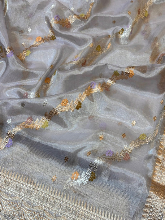 Silver Grey Handwoven Pure Banarasi Tissue Silk Saree