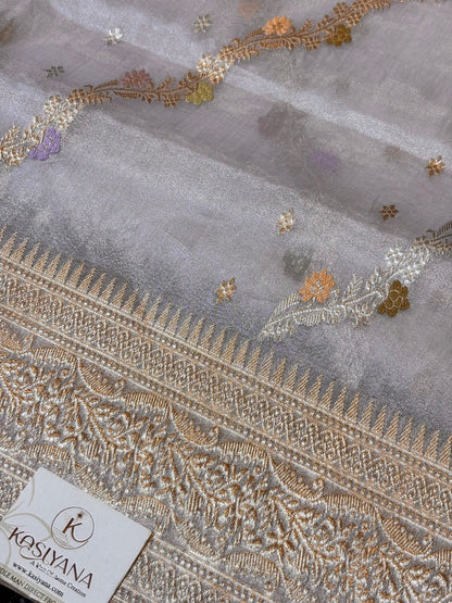 Silver Grey Handwoven Pure Banarasi Tissue Silk Saree