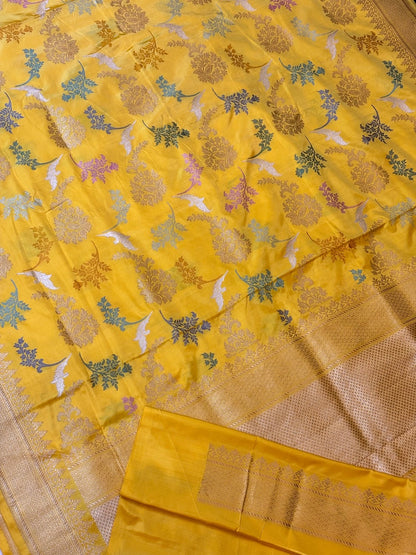 Yellow Handwoven Pure Banarasi Silk Saree – Kadwa Weave in 100% Katan Mulberry Silk