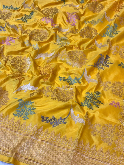 Yellow Handwoven Pure Banarasi Silk Saree – Kadwa Weave in 100% Katan Mulberry Silk