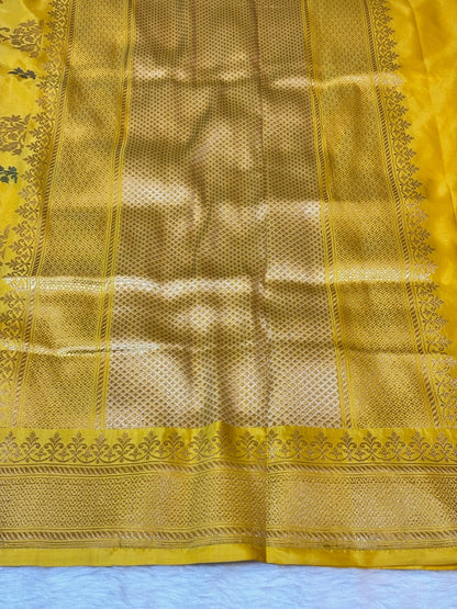 Yellow Handwoven Pure Banarasi Silk Saree – Kadwa Weave in 100% Katan Mulberry Silk