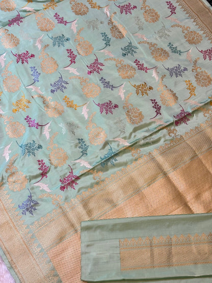 Sea Blue Handwoven Pure Banarasi Silk Saree – Kadwa Weave in 100% Katan Mulberry Silk