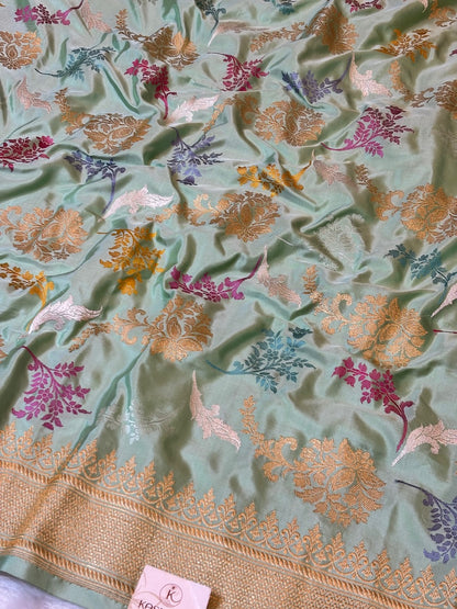 Sea Blue Handwoven Pure Banarasi Silk Saree – Kadwa Weave in 100% Katan Mulberry Silk