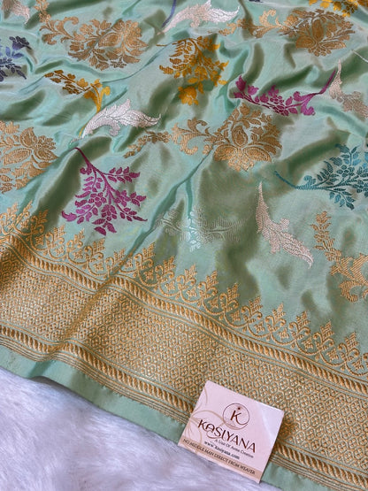 Sea Blue Handwoven Pure Banarasi Silk Saree – Kadwa Weave in 100% Katan Mulberry Silk