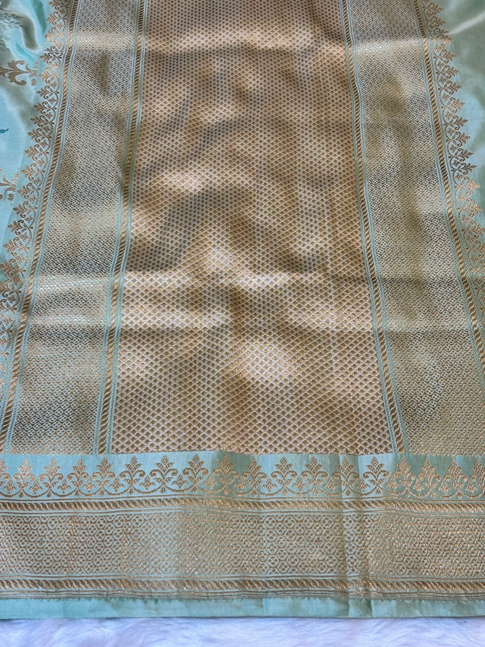 Sea Blue Handwoven Pure Banarasi Silk Saree – Kadwa Weave in 100% Katan Mulberry Silk