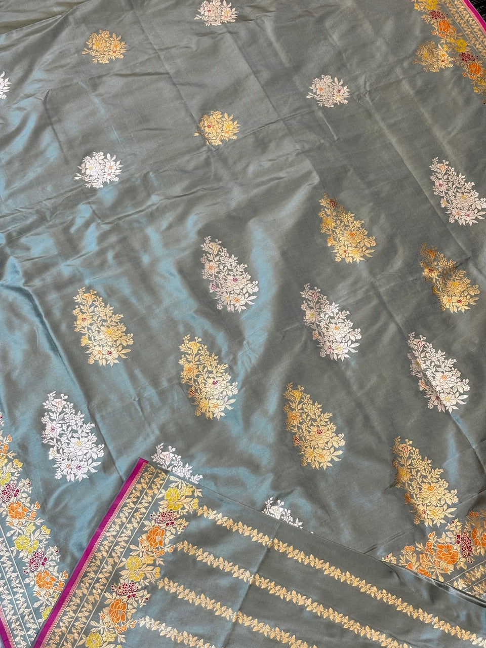 Stone Grey Pure Katan Silk handwoven saree