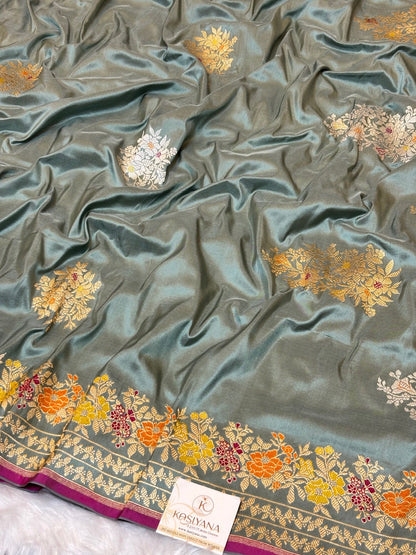 Stone Grey Pure Katan Silk handwoven saree