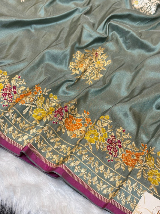 Stone Grey Pure Katan Silk handwoven saree