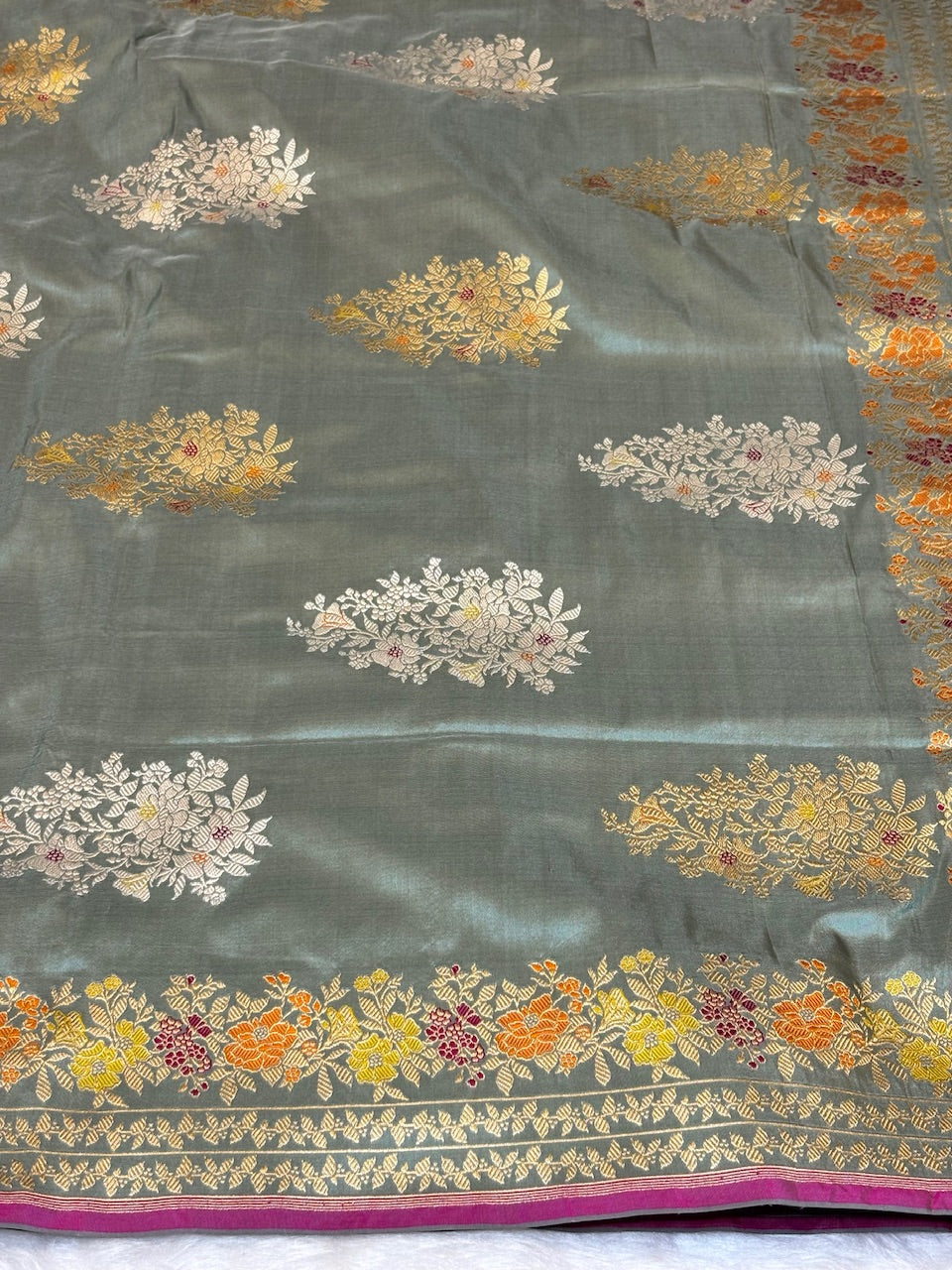 Stone Grey Pure Katan Silk handwoven saree