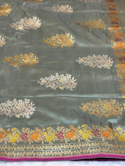 Stone Grey Pure Katan Silk handwoven saree