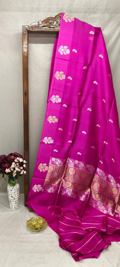 Magenta Pure Row Mango Boota Border Silver Gold Zari Aanchal Booti Saree