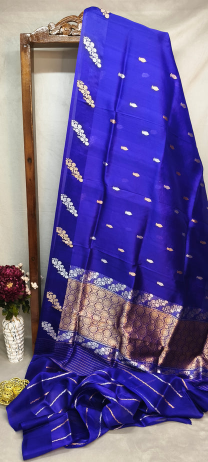 Royal Blue Pure Row Mango Boota Border Silver Gold Zari Aanchal Booti Saree