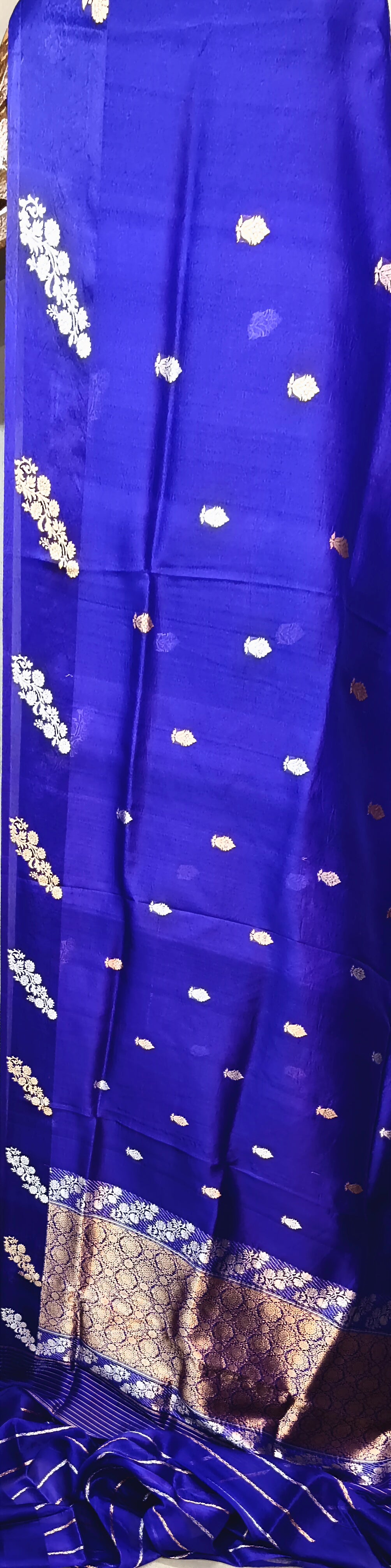 Royal Blue Pure Row Mango Boota Border Silver Gold Zari Aanchal Booti Saree