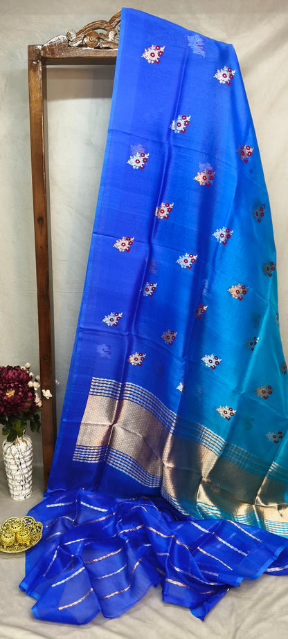 Royal Blue & Firozi Contrast Pure Row Mango Booti Border Silver Gold Zari Aanchal Booti Saree