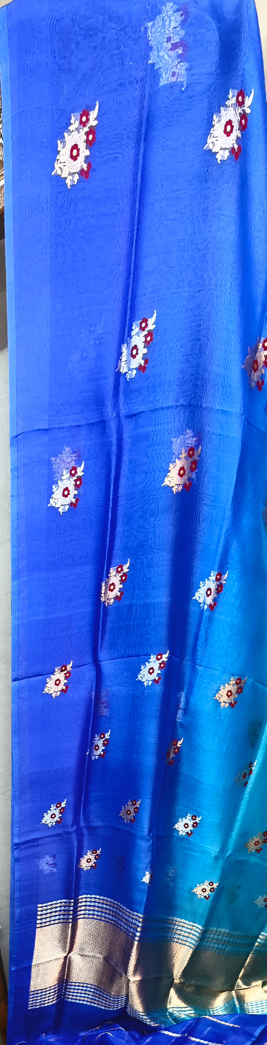 Royal Blue & Firozi Contrast Pure Row Mango Booti Border Silver Gold Zari Aanchal Booti Saree