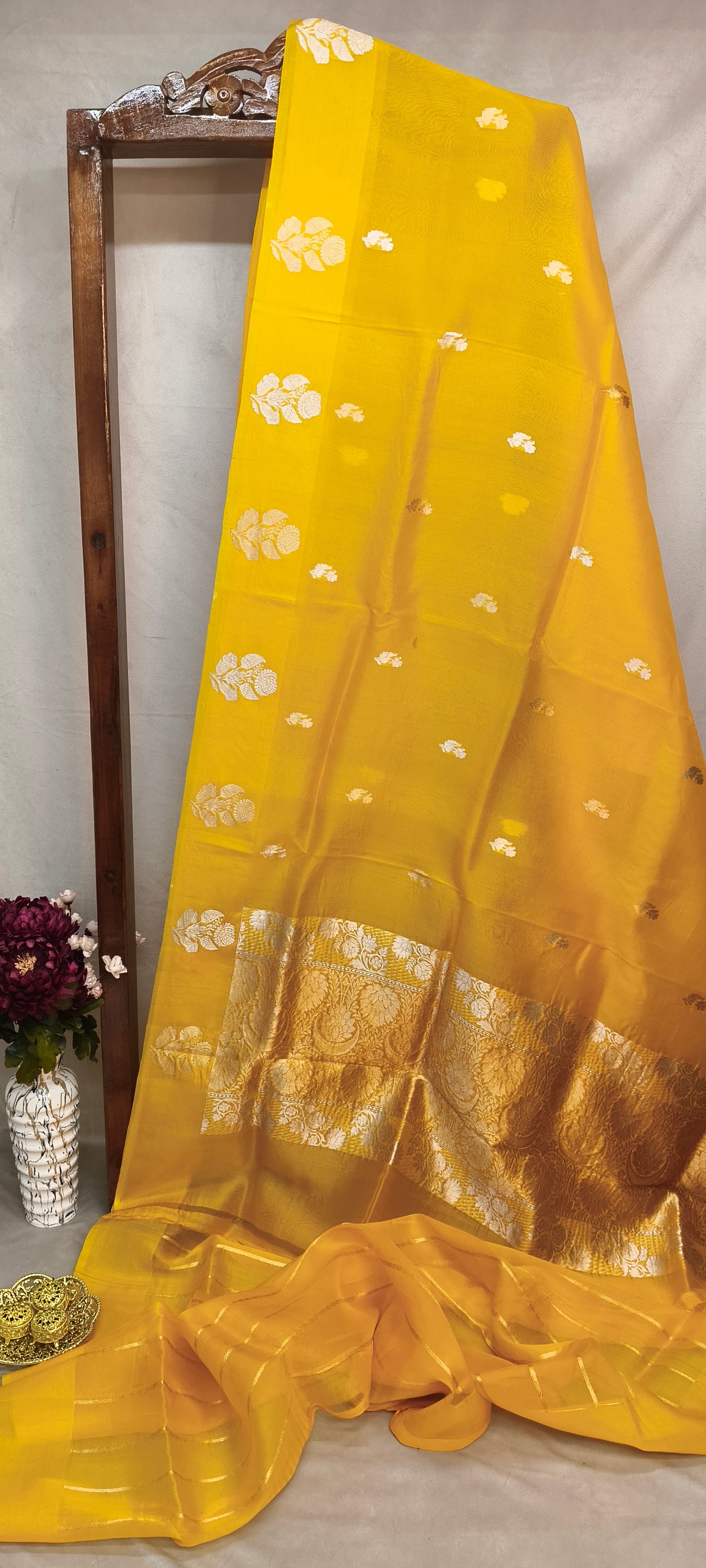 Yellow Pure Row Mango Boota Border Silver Gold Zari Aanchal Booti Saree