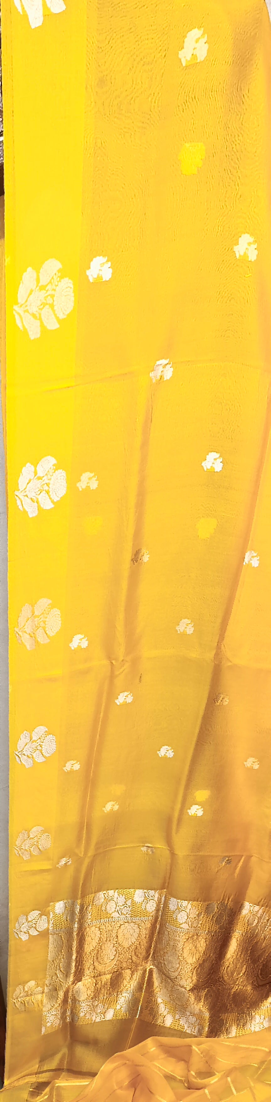 Yellow Pure Row Mango Boota Border Silver Gold Zari Aanchal Booti Saree